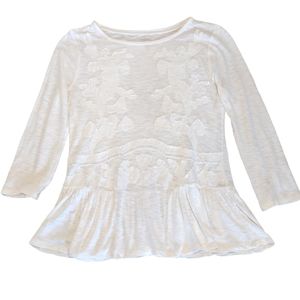 ANN TAYLOR LOFT Boho Ivory Applique Ruffle Hem Top Size XS
